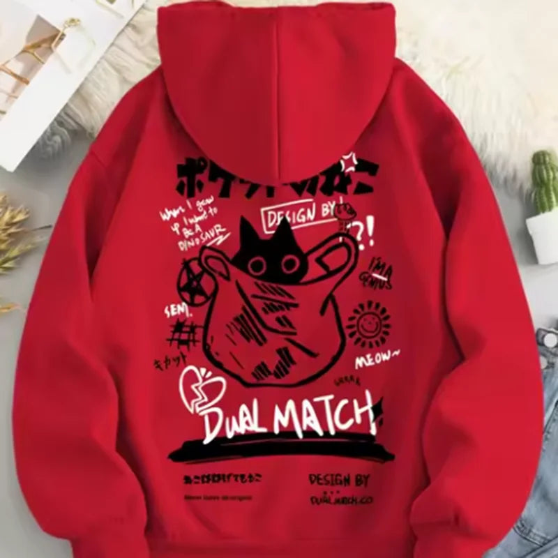 Sweat à Capuche Femme – Chat Mignon Imprimé – Style Harajuku Loose & Doux pour l’Automne