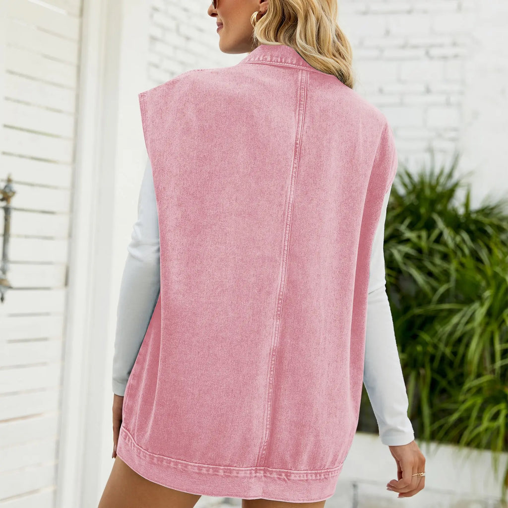 Gilet Jean Femme Sans Manches 2025- Veste Denim Mi-Longue Décontractée