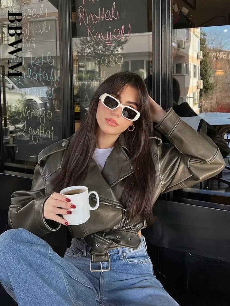 Veste Femme Cuir Synthétique Vintage - Perfecto Moto Rétro avec Ceinture