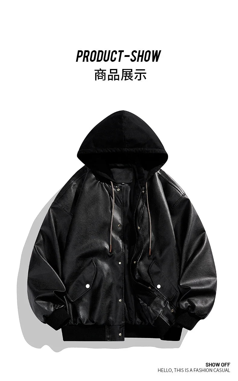 Veste Hoodie Vintage Homme en Similicuir Noir – Style Hip Hop Streetwear Luxe, Blouson PU Cuir Tendance