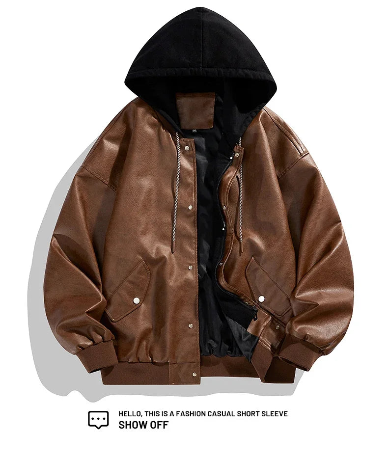 Veste Hoodie Vintage Homme en Similicuir Noir – Style Hip Hop Streetwear Luxe, Blouson PU Cuir Tendance