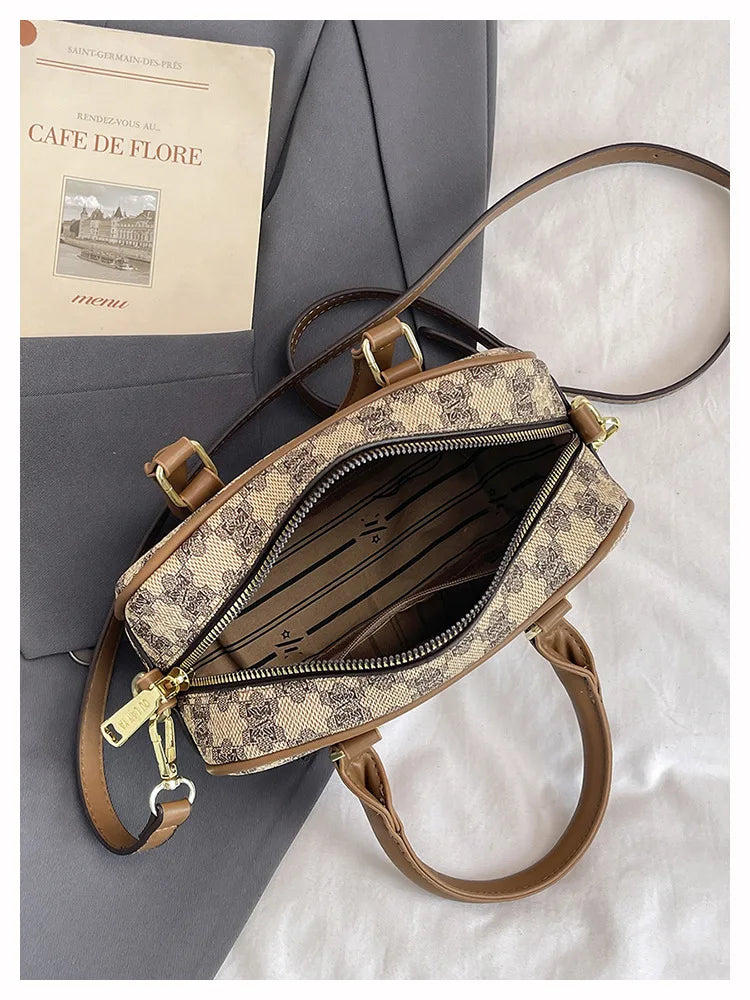 Sac Boston Femme Cuir PU Vintage Monogramme - Bandoulière Crossbody Luxe Designer