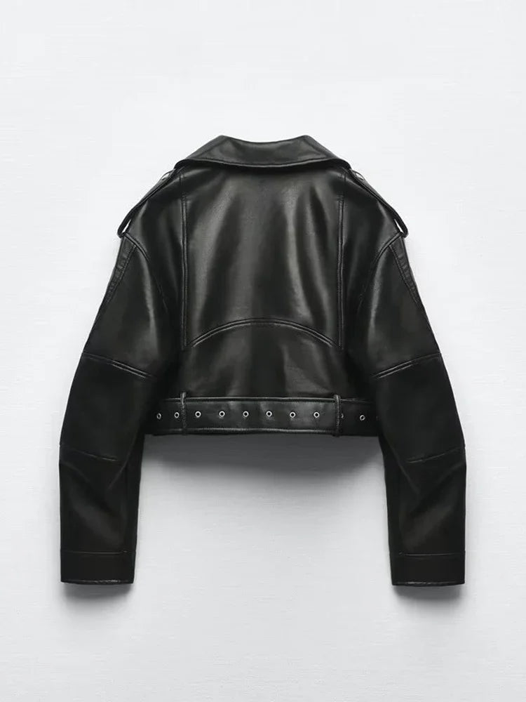 Veste Femme Cuir Synthétique Vintage - Perfecto Moto Rétro avec Ceinture