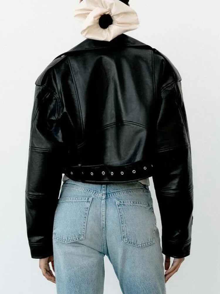 Veste Femme Cuir Synthétique Vintage - Perfecto Moto Rétro avec Ceinture