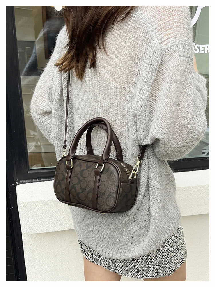 Sac Boston Femme Cuir PU Vintage Monogramme - Bandoulière Crossbody Luxe Designer