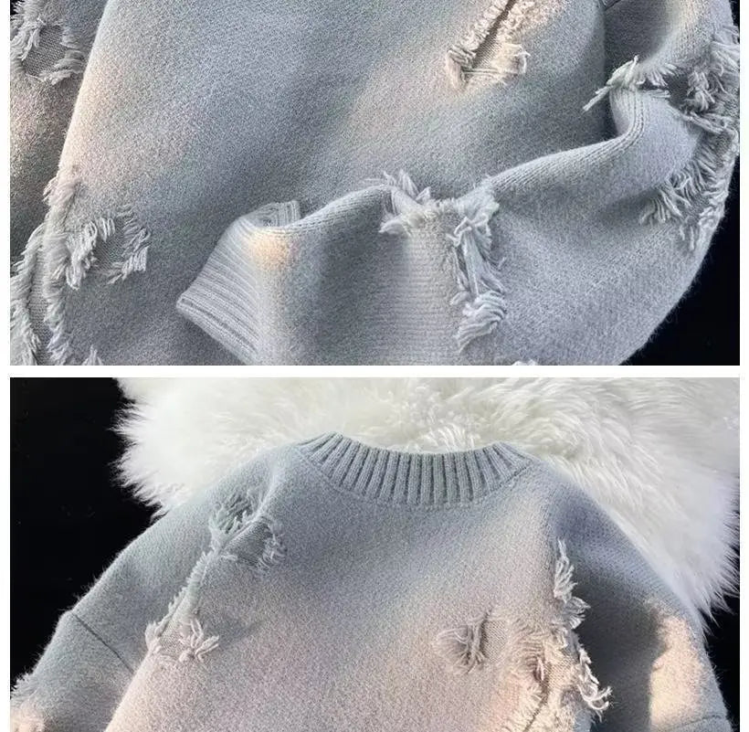 Pull Homme Hiver Ripped – Col Rond, Style Streetwear Américain et Japonais, Couleur Unie, Teenagers, Casual & Trendy