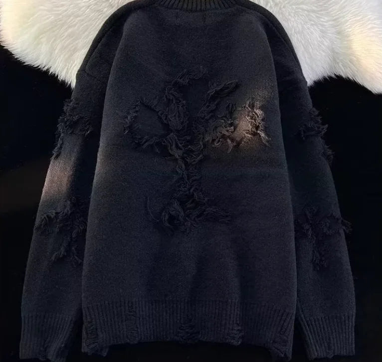 Pull Homme Hiver Ripped – Col Rond, Style Streetwear Américain et Japonais, Couleur Unie, Teenagers, Casual & Trendy