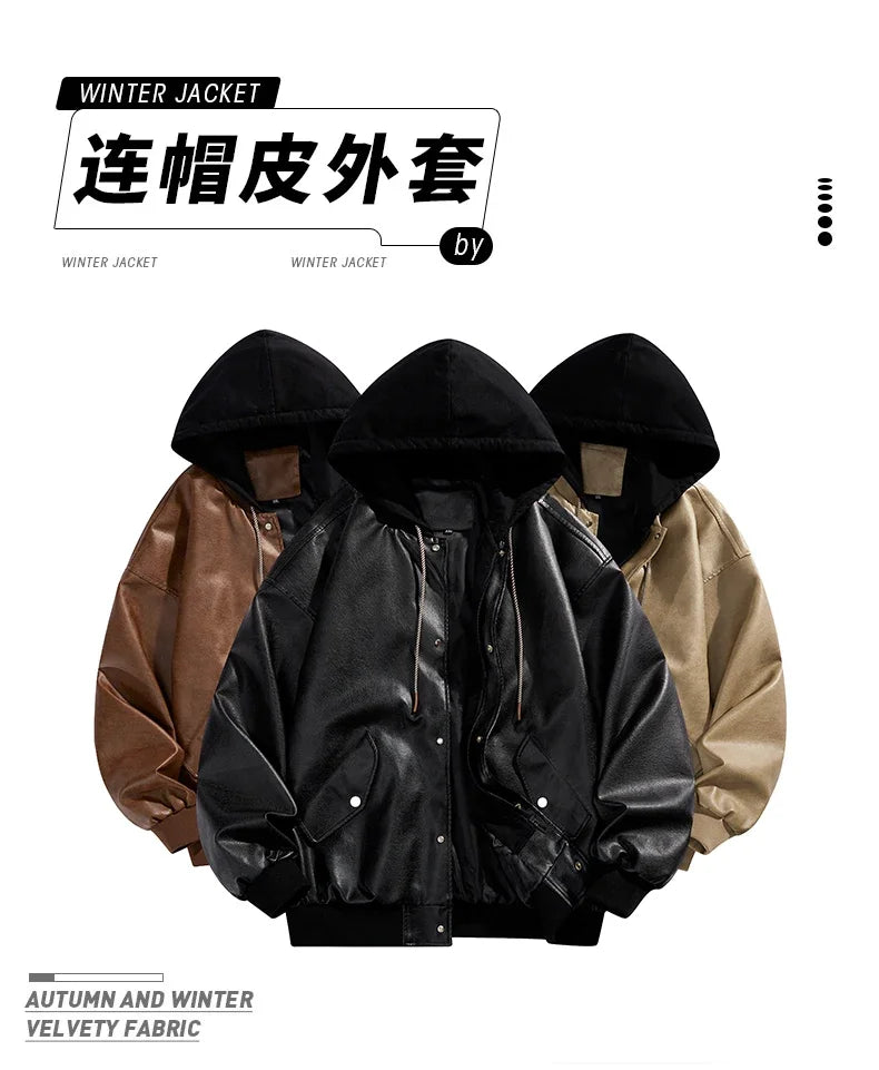 Veste Hoodie Vintage Homme en Similicuir Noir – Style Hip Hop Streetwear Luxe, Blouson PU Cuir Tendance