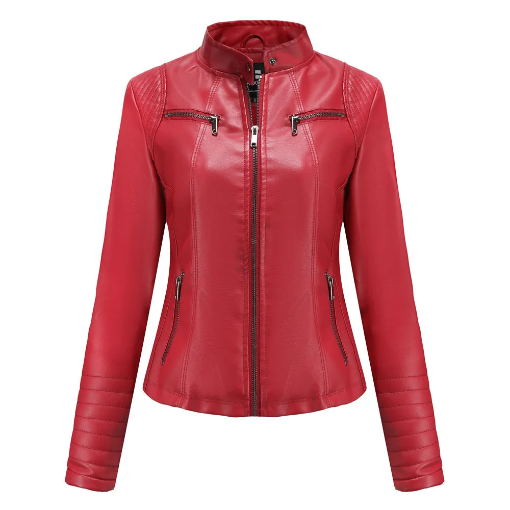 Veste Cuir Femme Slim - Blouson Col Montant Élégant