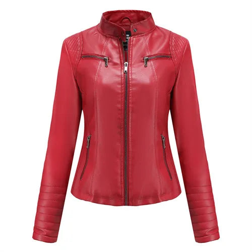 Veste Cuir Femme Slim - Blouson Col Montant Élégant