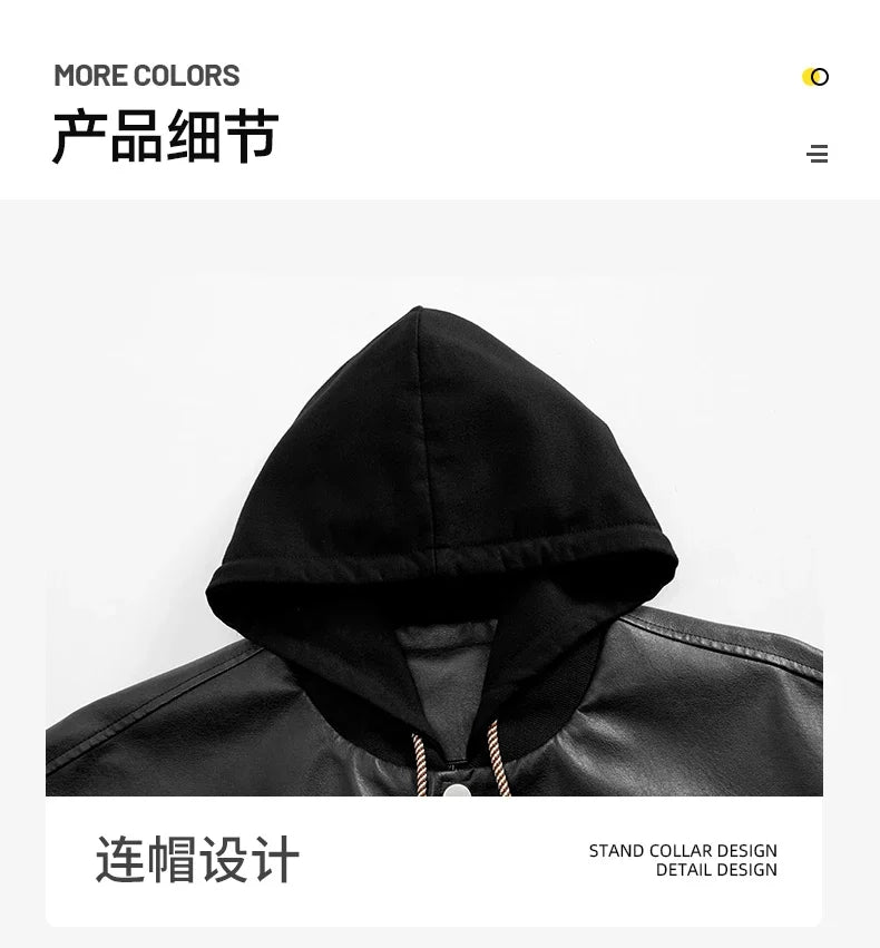 Veste Hoodie Vintage Homme en Similicuir Noir – Style Hip Hop Streetwear Luxe, Blouson PU Cuir Tendance