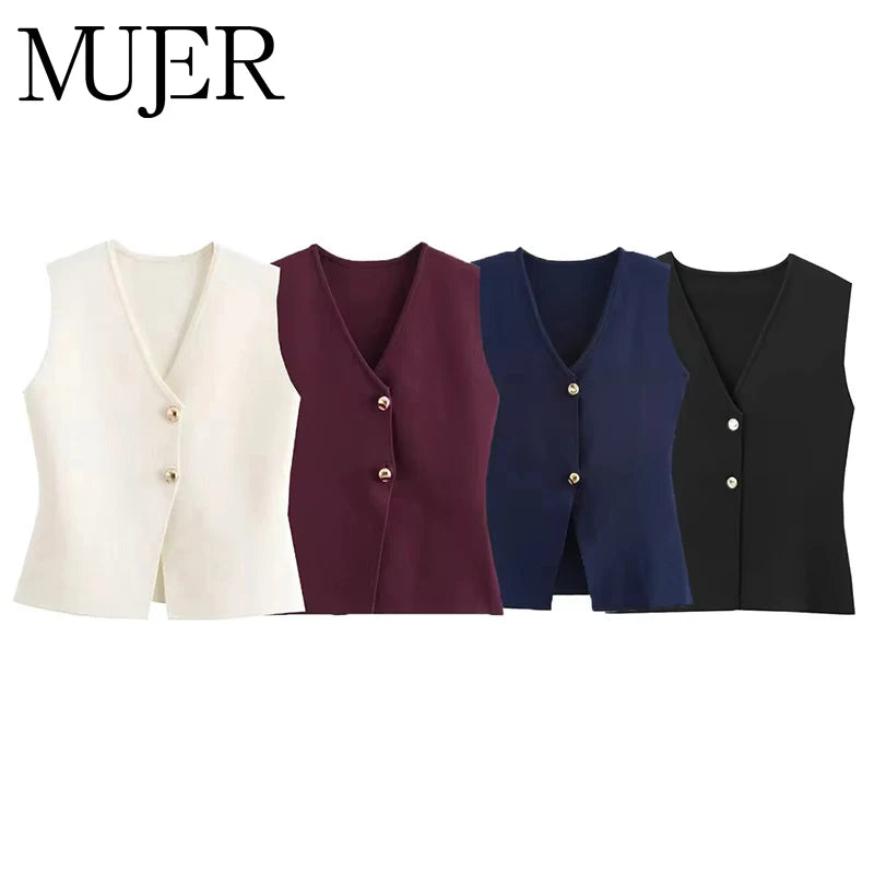 Gilet Femme en Maille – Débardeur Sans Manches avec Boutons, Style Été/Printemps
