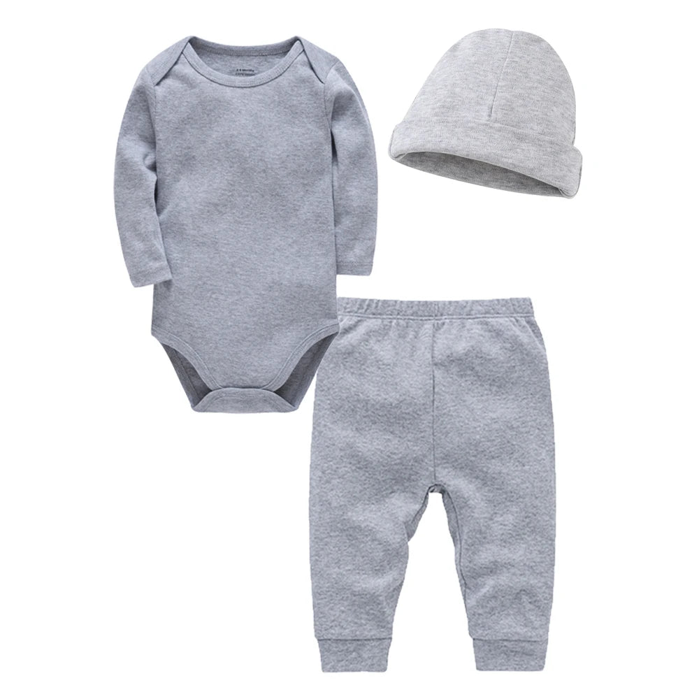 Ensemble Bébé 3 Pièces 100% Coton – Body + Pantalon + Bonnet (0-12 mois)