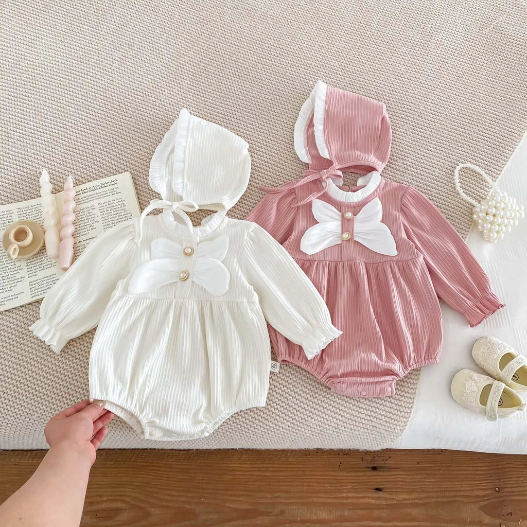 Barboteuse Bébé avec Chapeau & Grand Nœud – Tenue Mignonne pour Filles (0-24 mois)