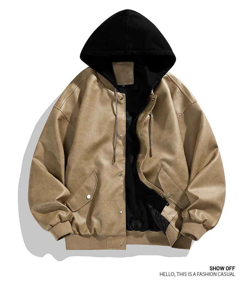 Veste Hoodie Vintage Homme en Similicuir Noir – Style Hip Hop Streetwear Luxe, Blouson PU Cuir Tendance