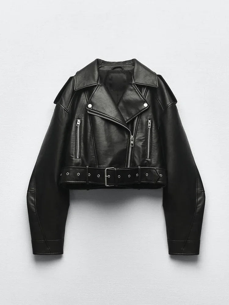 Veste Femme Cuir Synthétique Vintage - Perfecto Moto Rétro avec Ceinture