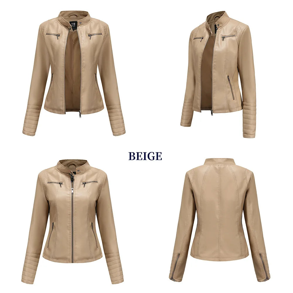 Veste Cuir Femme Slim - Blouson Col Montant Élégant