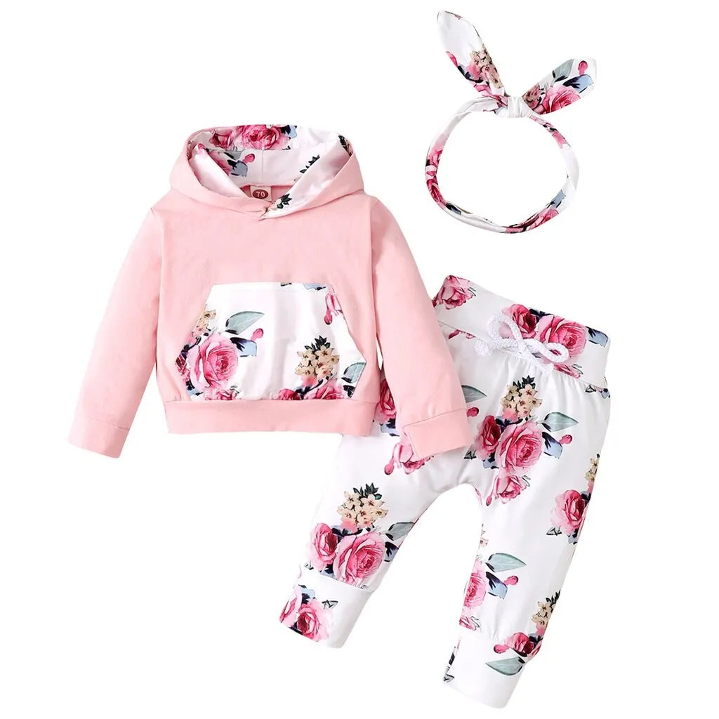 Ensemble 3 Pièces Bébé Fille 0-18 Mois - Sweat à Capuche Fleurs + Pantalon + Bandeau