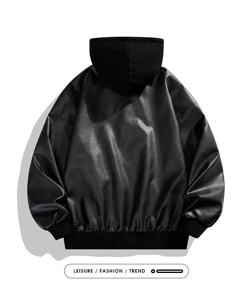 Veste Hoodie Vintage Homme en Similicuir Noir – Style Hip Hop Streetwear Luxe, Blouson PU Cuir Tendance