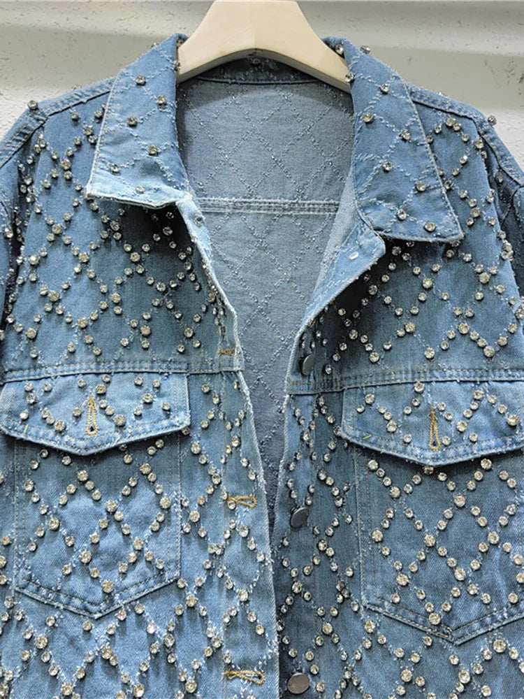 Veste Jean Femme DEAT - Manteau Denim Diamants Tendance 2025