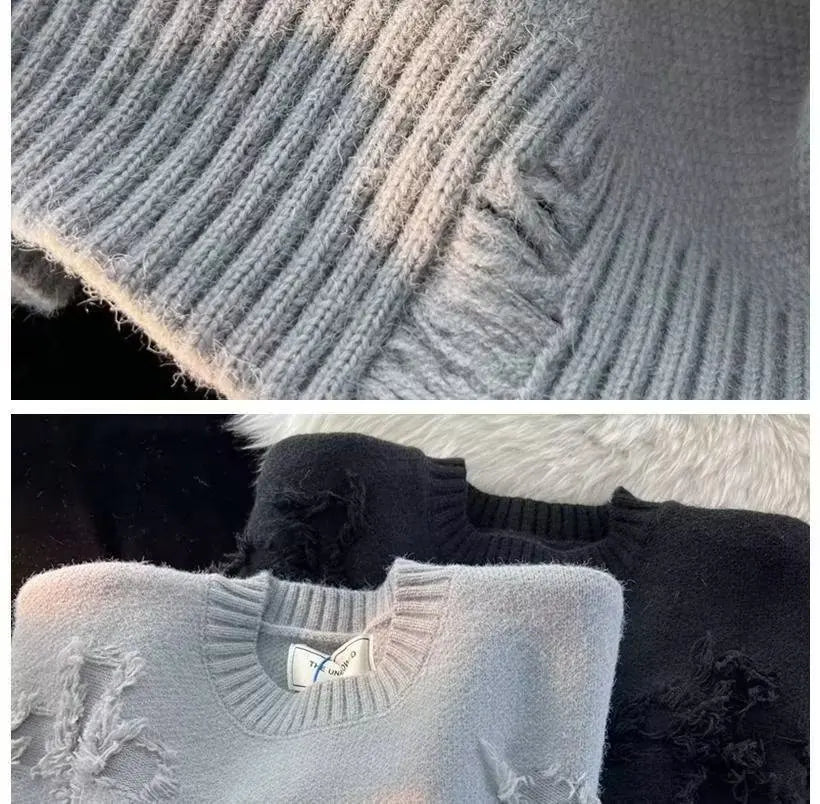 Pull Homme Hiver Ripped – Col Rond, Style Streetwear Américain et Japonais, Couleur Unie, Teenagers, Casual & Trendy