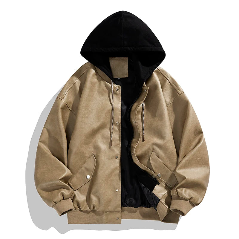 Veste Hoodie Vintage Homme en Similicuir Noir – Style Hip Hop Streetwear Luxe, Blouson PU Cuir Tendance