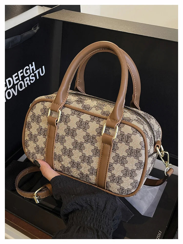 Sac Boston Femme Cuir PU Vintage Monogramme - Bandoulière Crossbody Luxe Designer