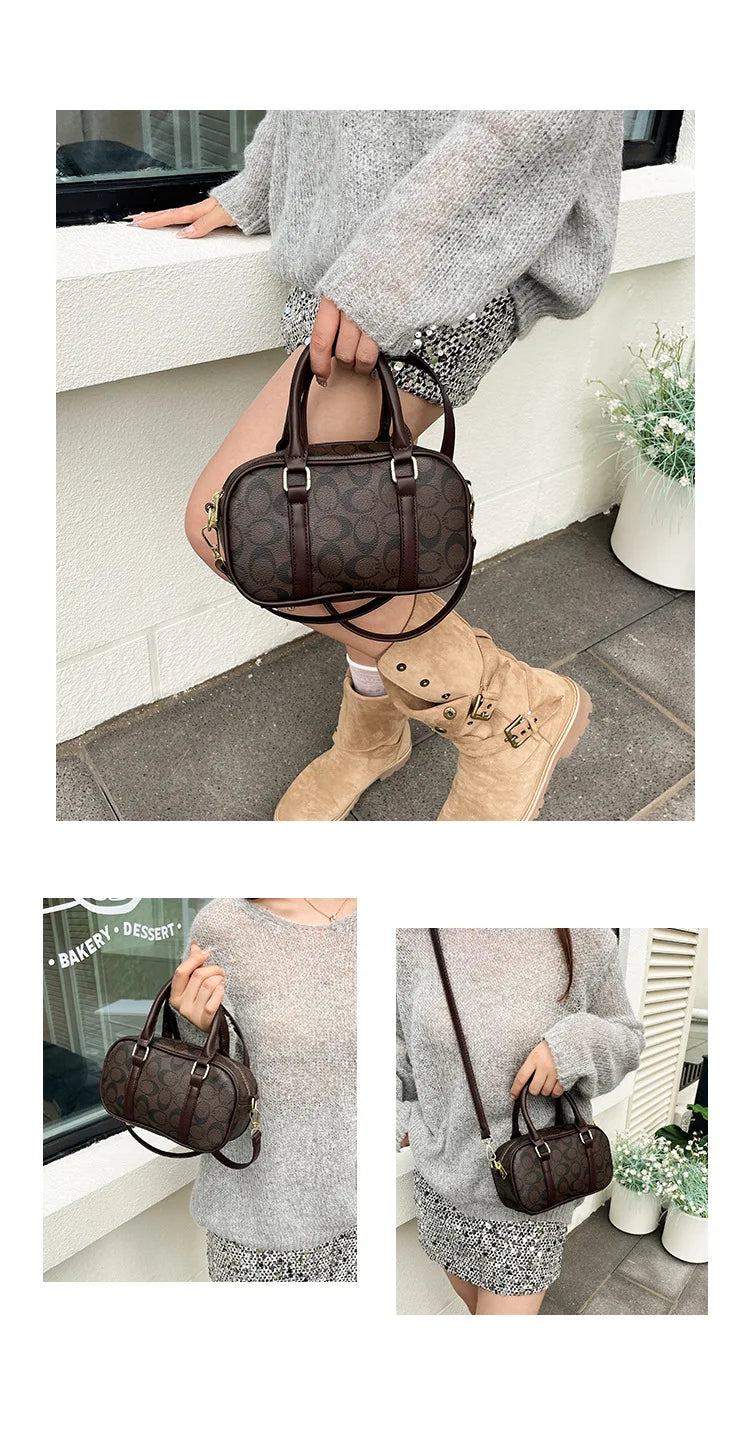 Sac Boston Femme Cuir PU Vintage Monogramme - Bandoulière Crossbody Luxe Designer