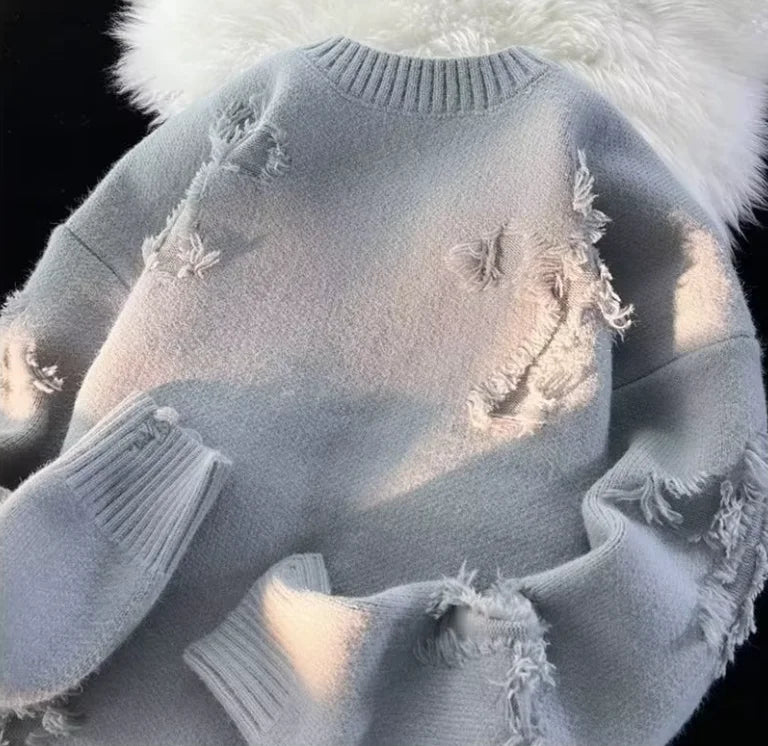 Pull Homme Hiver Ripped – Col Rond, Style Streetwear Américain et Japonais, Couleur Unie, Teenagers, Casual & Trendy