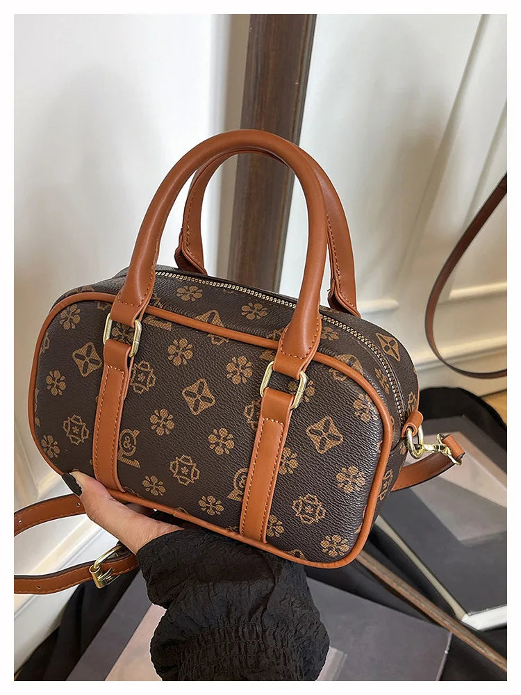 Sac Boston Femme Cuir PU Vintage Monogramme - Bandoulière Crossbody Luxe Designer