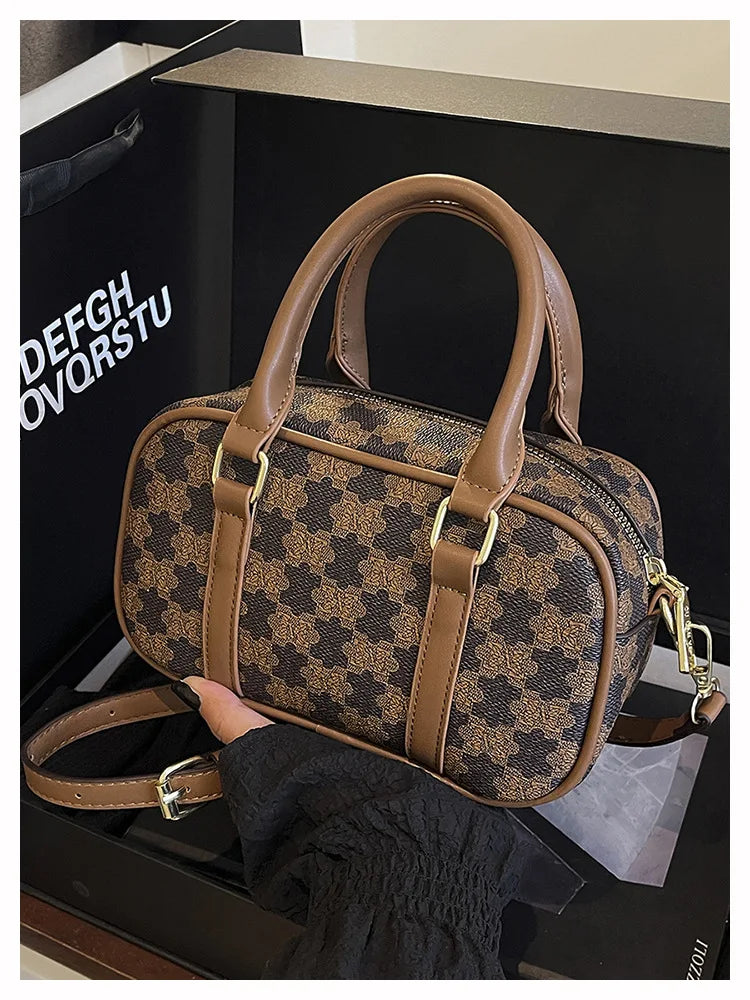 Sac Boston Femme Cuir PU Vintage Monogramme - Bandoulière Crossbody Luxe Designer