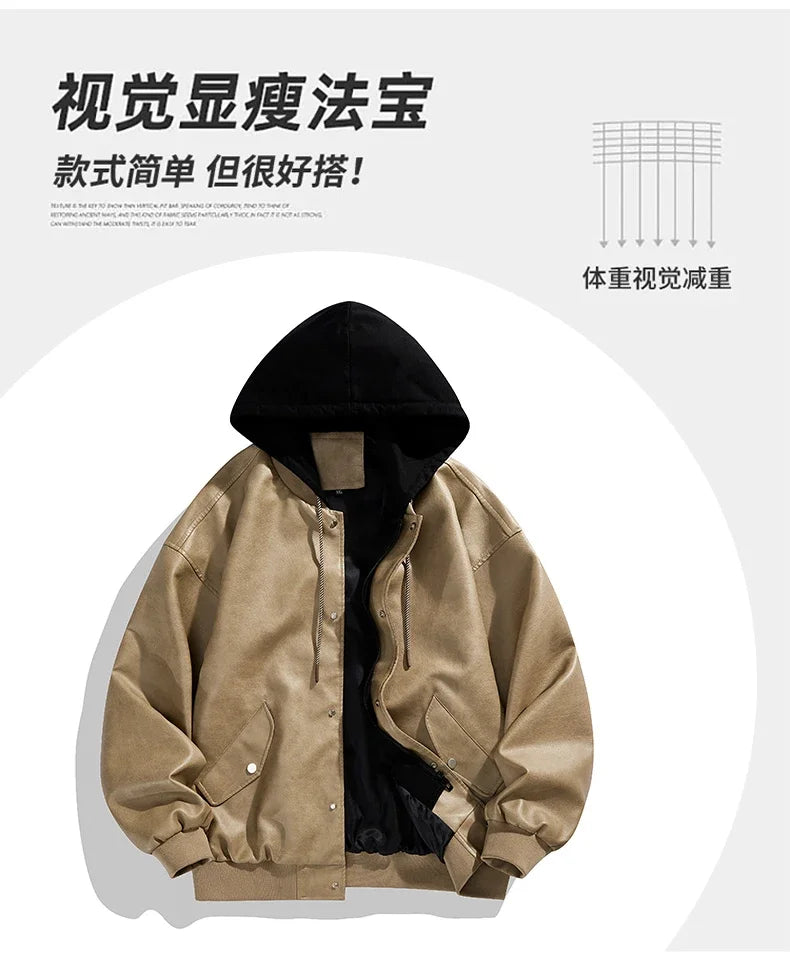 Veste Hoodie Vintage Homme en Similicuir Noir – Style Hip Hop Streetwear Luxe, Blouson PU Cuir Tendance