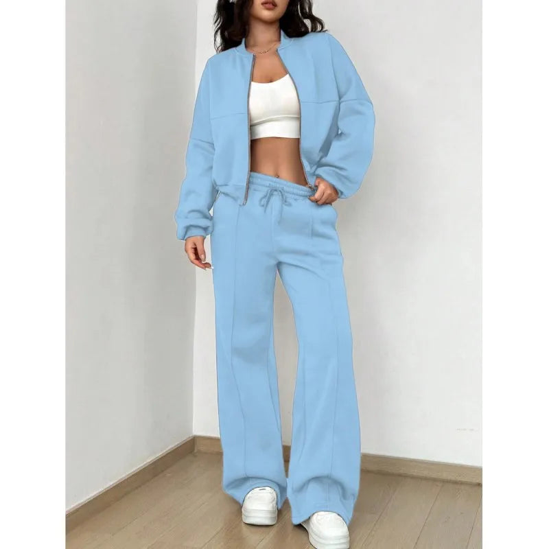 Ensemble Survêtement Femme 2 Pièces – Veste Zippée & Pantalon Droit – Style Décontracté Automne