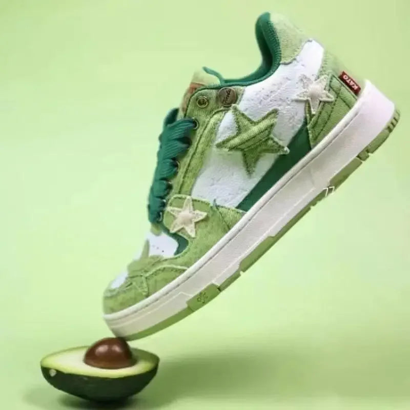 Baskets Femme Vert Étoile – Sneakers en Denim Style Skateboard