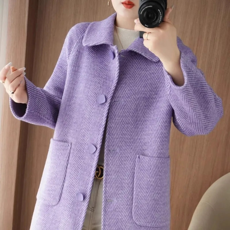 Manteau Femme en Cachemire Double Face – Automne/Hiver | Col Poupée Élégant & Boutonnage Simple