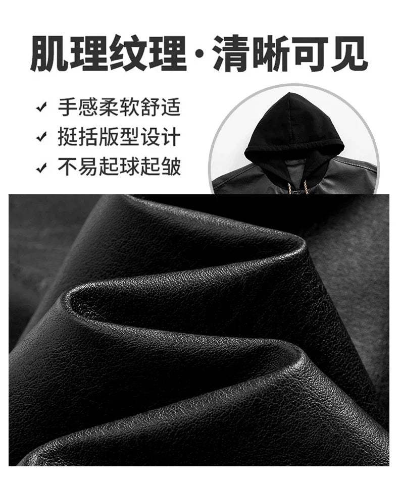 Veste Hoodie Vintage Homme en Similicuir Noir – Style Hip Hop Streetwear Luxe, Blouson PU Cuir Tendance