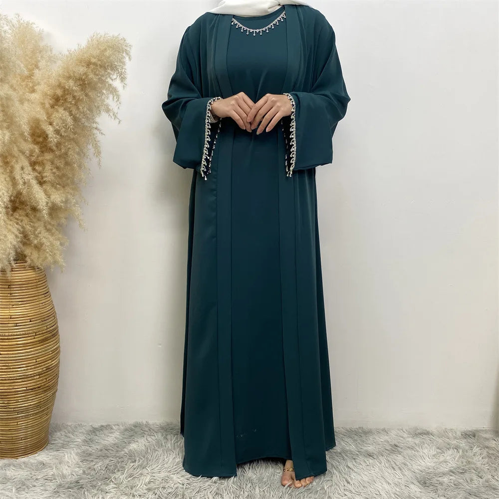 Ensemble Abaya Musulmane Dubai - Robe Sans Manches et Cardigan Long