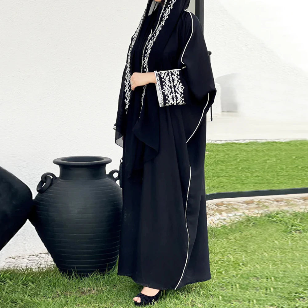 Abaya Hijab Brodée Classique - Robe Kimono Manches Longues Femme Musulmane