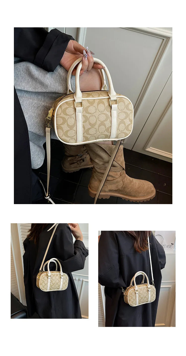 Sac Boston Femme Cuir PU Vintage Monogramme - Bandoulière Crossbody Luxe Designer