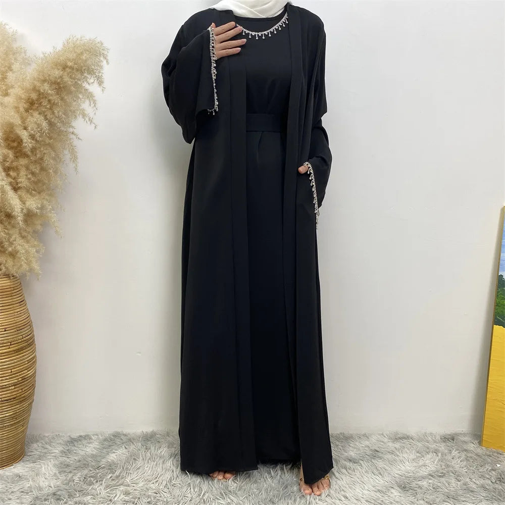 Ensemble Abaya Musulmane Dubai - Robe Sans Manches et Cardigan Long