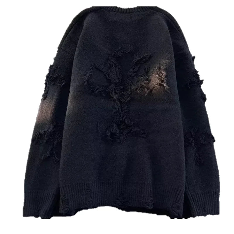 Pull Homme Hiver Ripped – Col Rond, Style Streetwear Américain et Japonais, Couleur Unie, Teenagers, Casual & Trendy