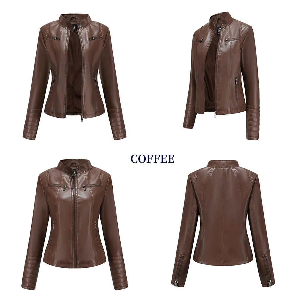 Veste Cuir Femme Slim - Blouson Col Montant Élégant