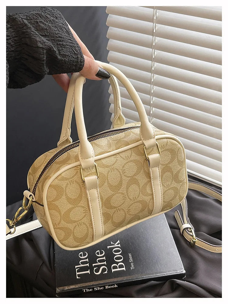 Sac Boston Femme Cuir PU Vintage Monogramme - Bandoulière Crossbody Luxe Designer