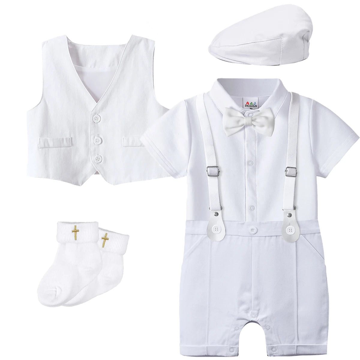Tenue Baptême & Cérémonie Garçon – Ensemble Costume Chic avec Noeud Papillon & Bretelles (0-18 mois)