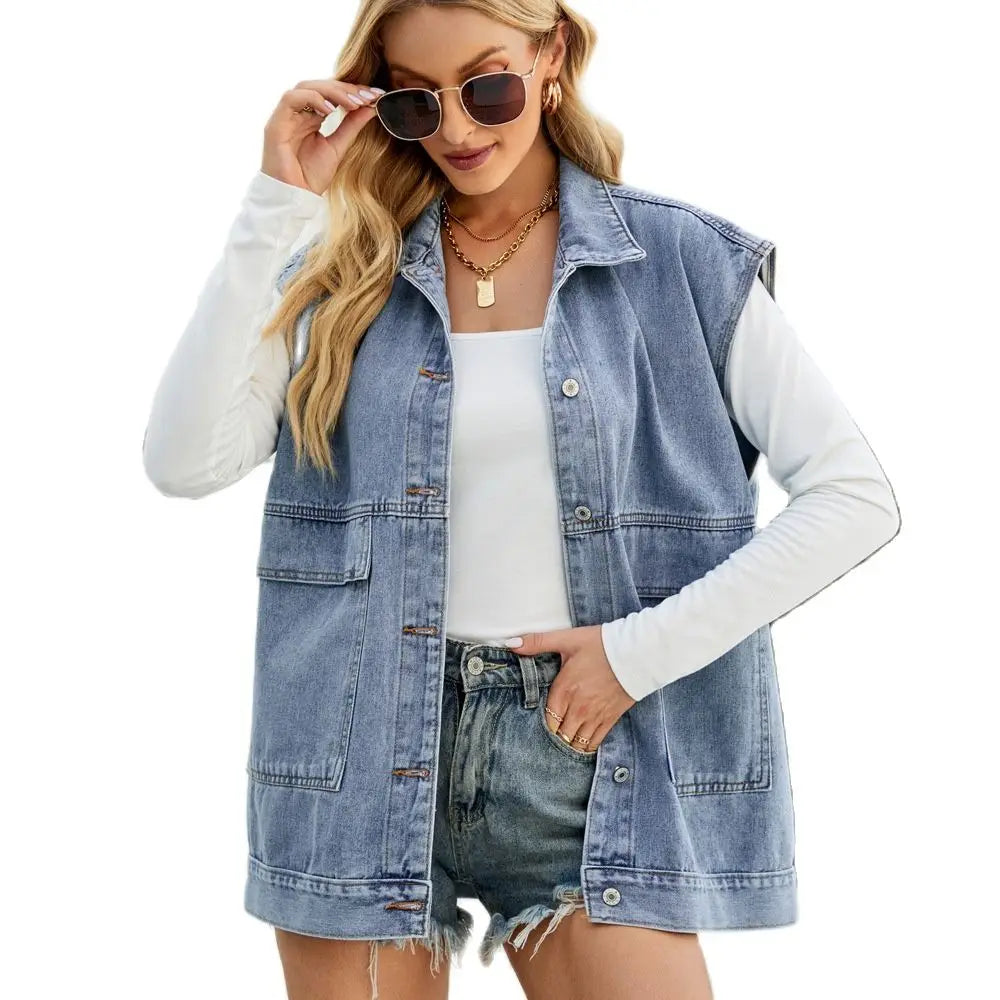 Gilet Jean Femme Sans Manches 2025- Veste Denim Mi-Longue Décontractée