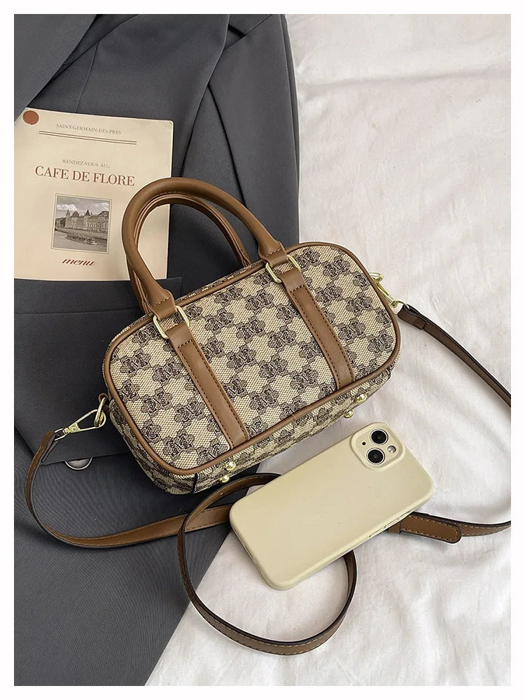 Sac Boston Femme Cuir PU Vintage Monogramme - Bandoulière Crossbody Luxe Designer