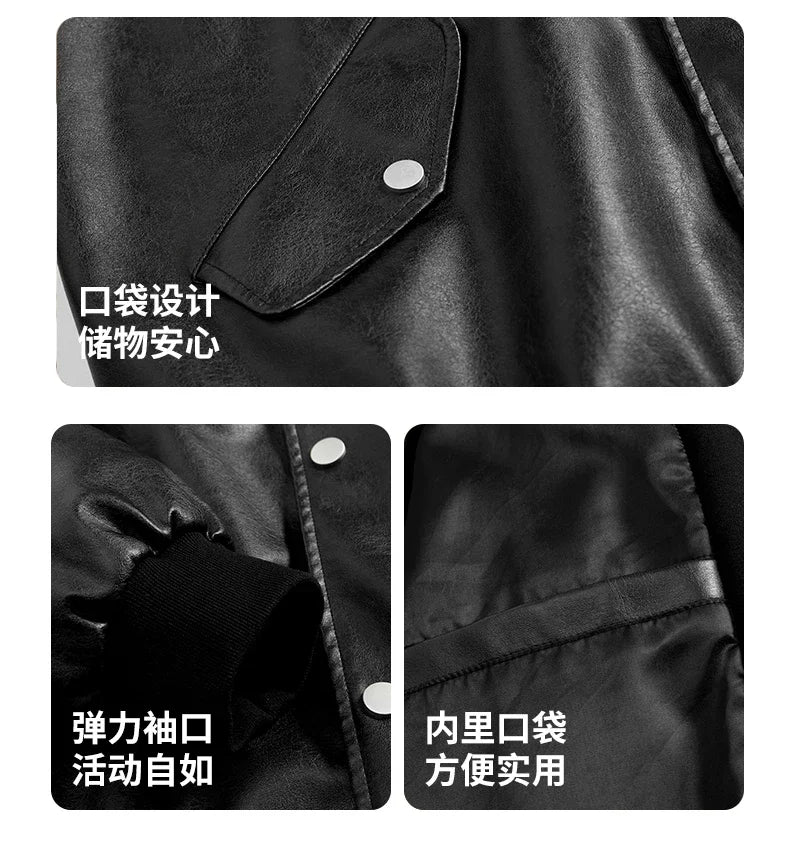 Veste Hoodie Vintage Homme en Similicuir Noir – Style Hip Hop Streetwear Luxe, Blouson PU Cuir Tendance