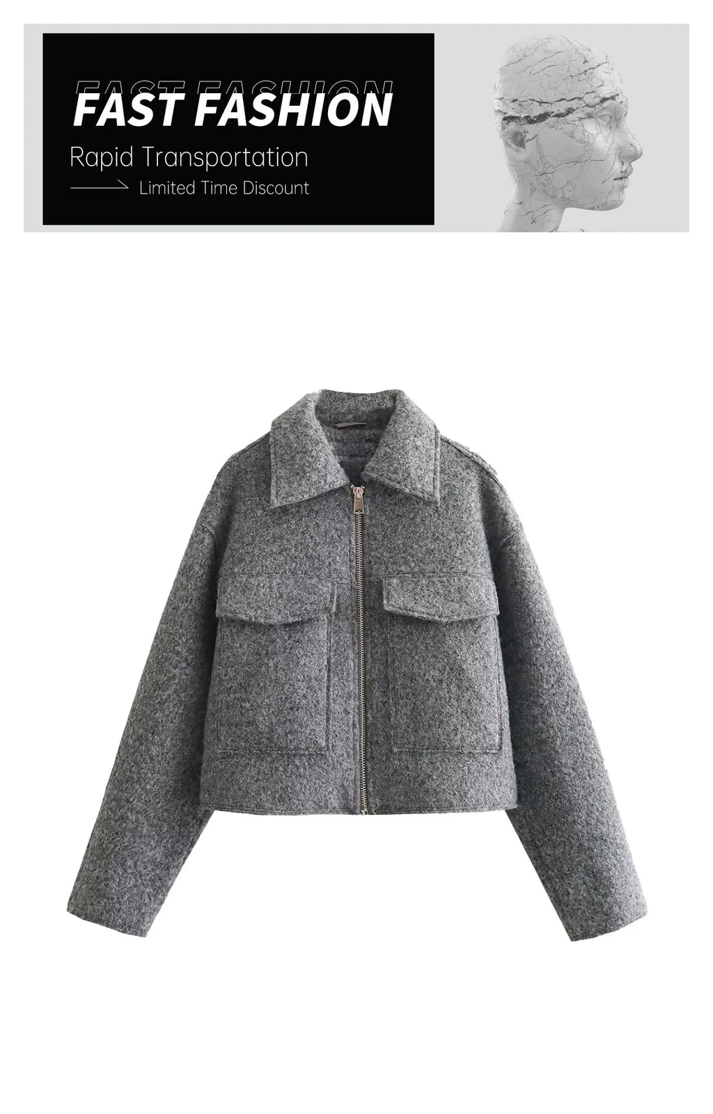 Veste Femme Laine Col Polo - Manteau Court Zippé Automne Hiver