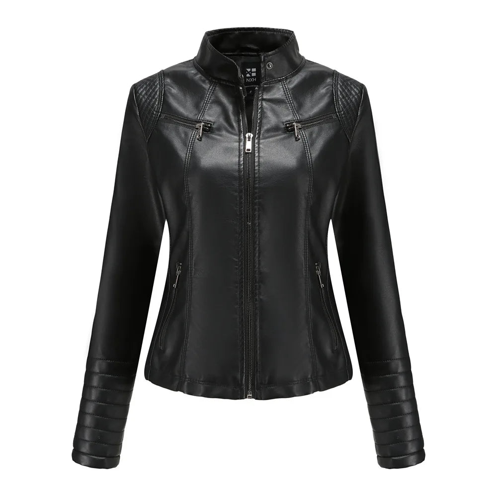 Veste Cuir Femme Slim - Blouson Col Montant Élégant