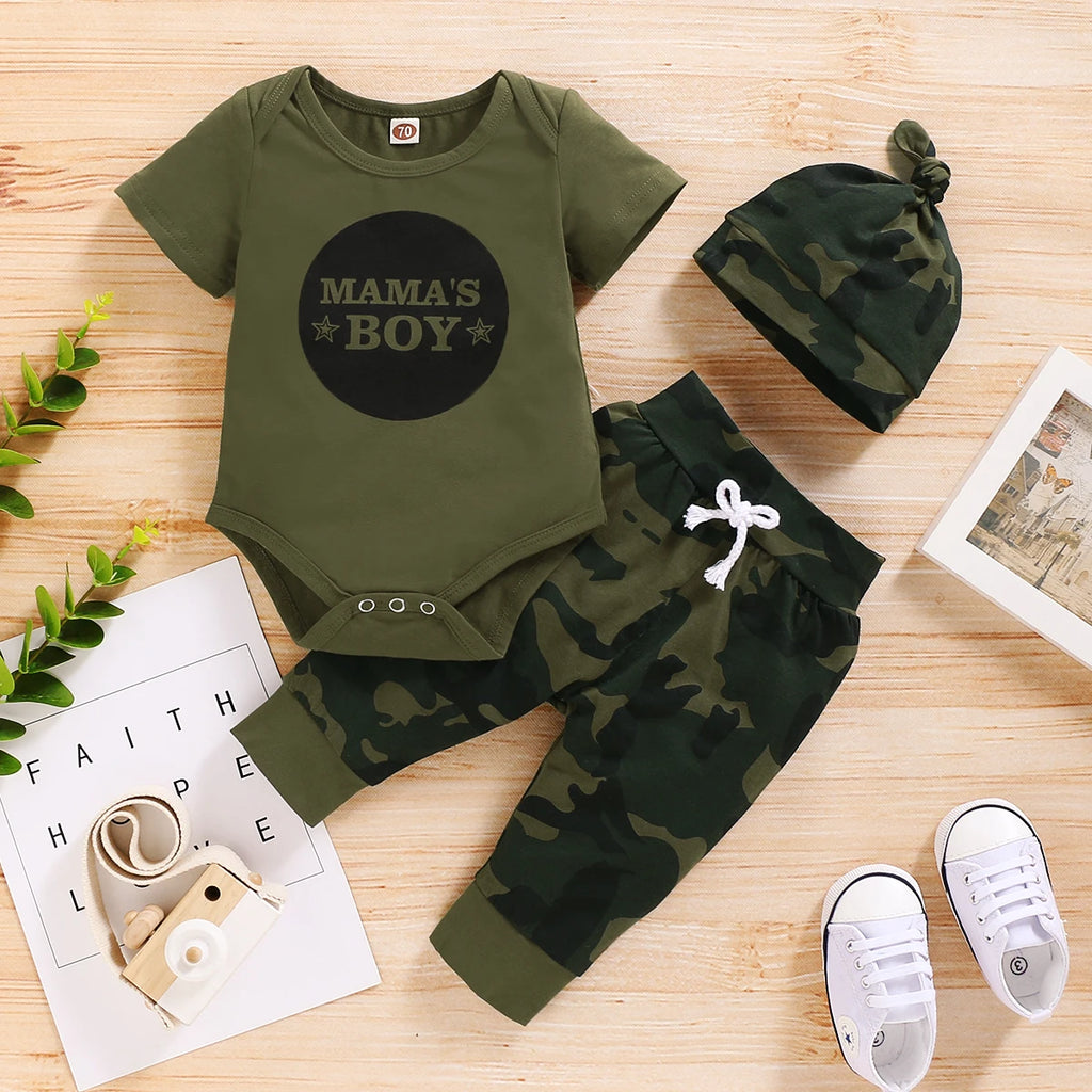 Ensemble Bébé Garçon Été 3 Pièces - Body + Pantalon Camouflage + Chapeau 0-18 Mois